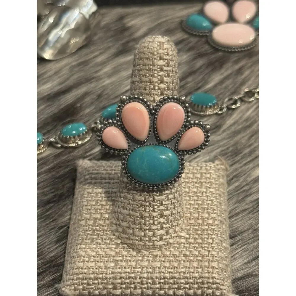 925 Southwest Sterling Silver Queen Pink Conch Turquoise Paw Cluster Ring💗Sz 7